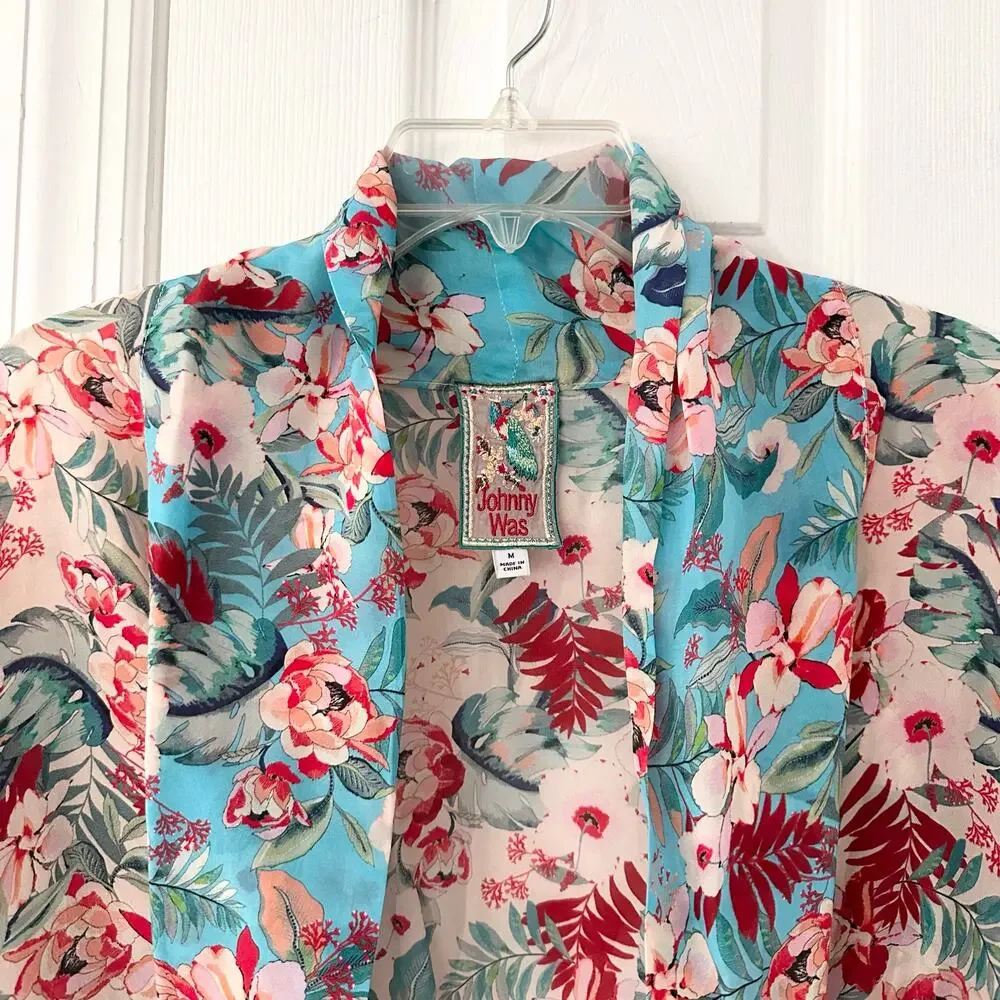 Johnny Was Jade Printed Blue Red Floral Print Cupra Rayon Kimono With Tie Medium
